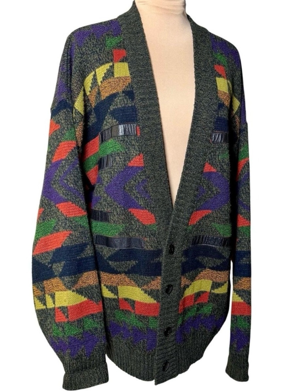 Chia Cardigan Sweater 90s Geometric Leather Grandpacore Dadcore Fall Vintage XL